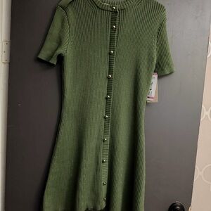 French Connection Olive-Green Ribbed Button-Down Knit Dress